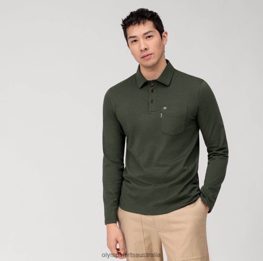 Clothing AU OLYMP Casual Jersey Long-Sleeved Polo, Dark Green T8882J2120